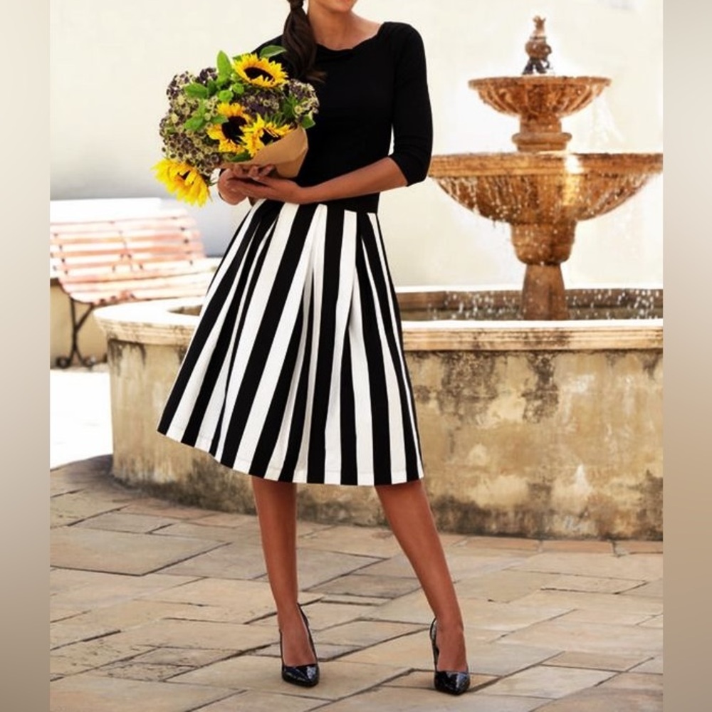 Women's Black & White Striped Pleated A-Line Skirt